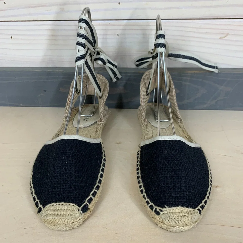Soludos Sandals‎ 6 Black Woven Espadrilles Lace Ankle Flats Boho Beach